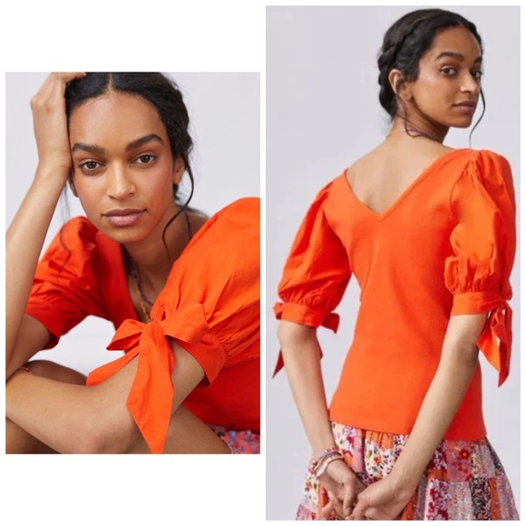 MAEVE x ANTHROPOLOGIE Puff-Sleeved Tie Sleeve Blouse Top in Orange - Picture 2 of 9